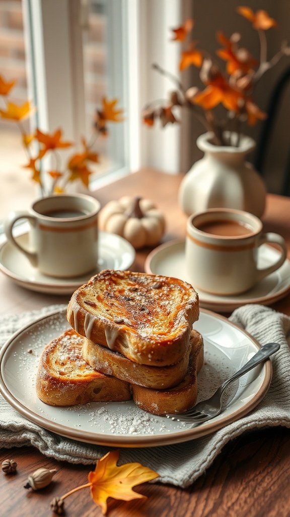 A plate of French toast with powdered sugar, coffee cups, and autumn decorations.