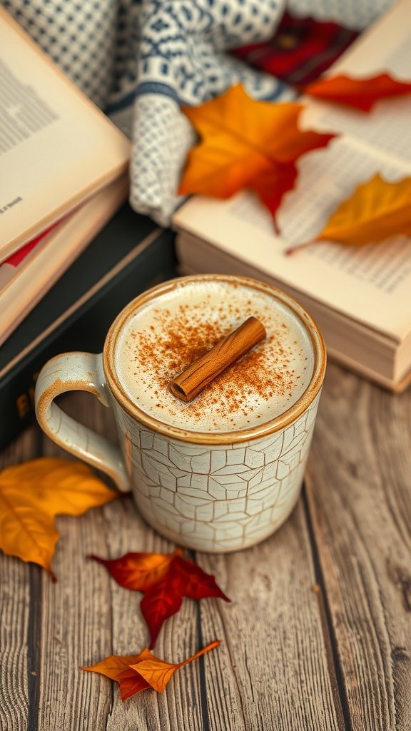 A cozy cup of homemade fall café drink with cinnamon on top, surrounded by autumn leaves and books.