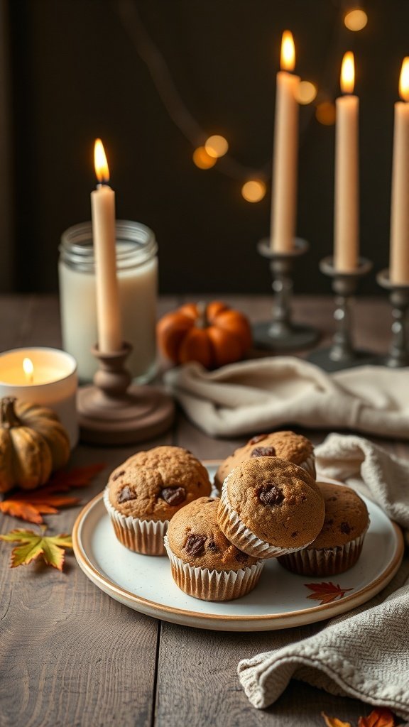 A plate of muffins surrounded by candles and autumn decorations