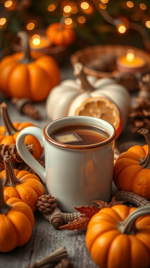 A cozy mug of warm drink surrounded by pumpkins and autumn decorations.