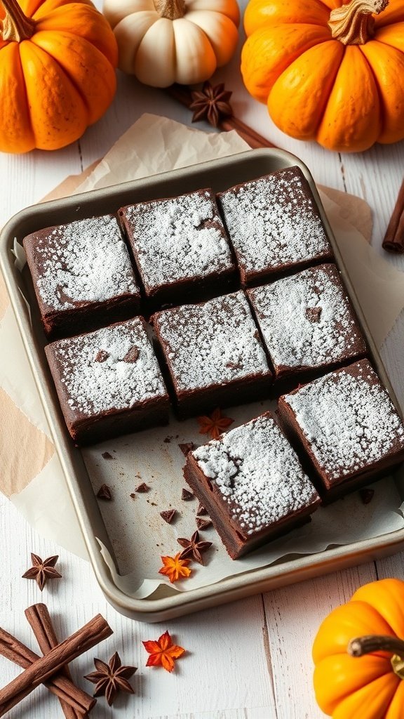 Delicious egg-free chocolate brownies dusted with powdered sugar, surrounded by pumpkins and cinnamon sticks.
