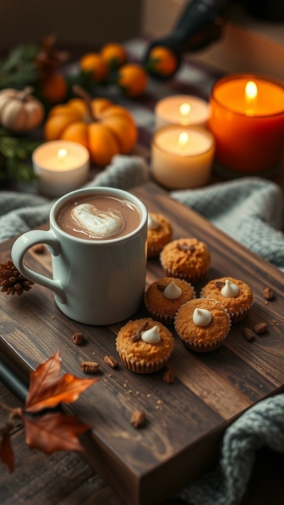 A cozy fall dessert setup with hot cocoa and mini pumpkin muffins.