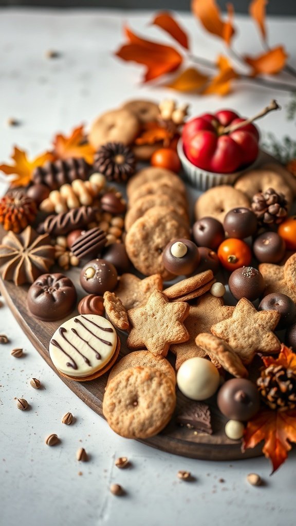 A beautifully arranged charcuterie dessert board featuring cookies, chocolates, and autumn-themed decorations.