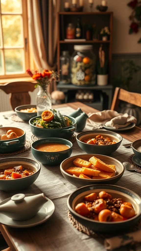 A cozy autumn dinner table set with various hearty seasonal meals.
