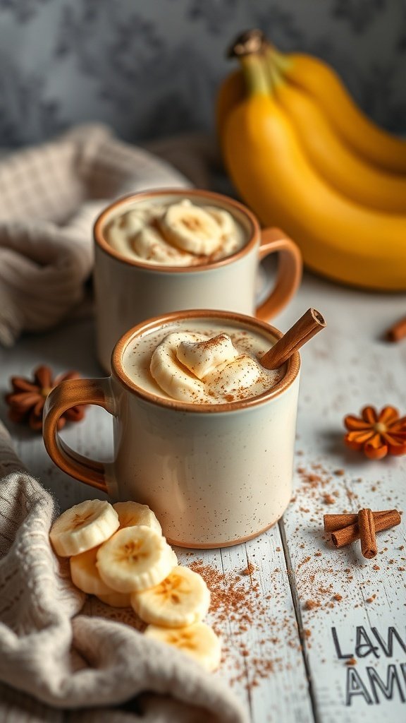Two mugs of banana pudding topped with whipped cream and cinnamon, with bananas in the background.