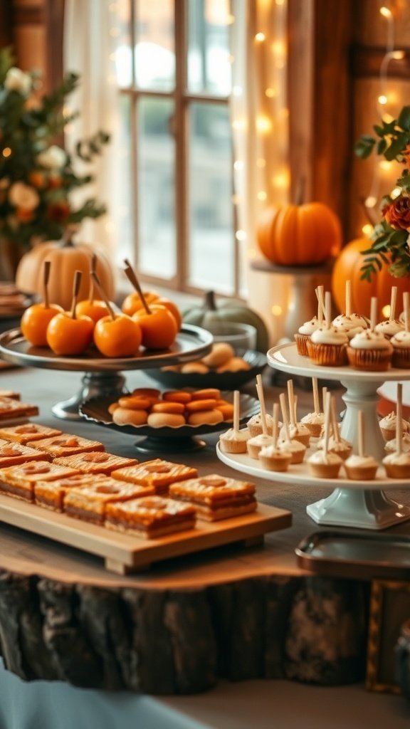 A rustic wedding dessert table featuring pumpkins, cupcakes, and various sweets.