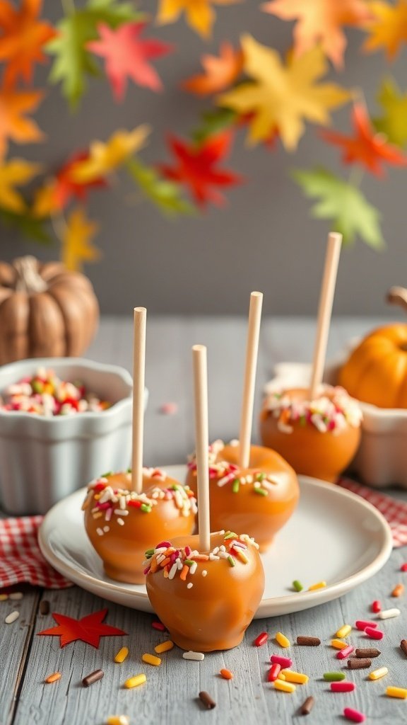 Caramel apple snacks with colorful sprinkles on a plate