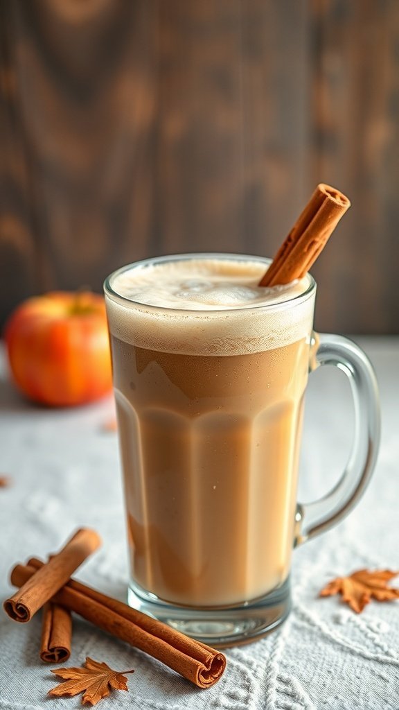 A glass of Maple Apple Fizz with a cinnamon stick and apple in the background