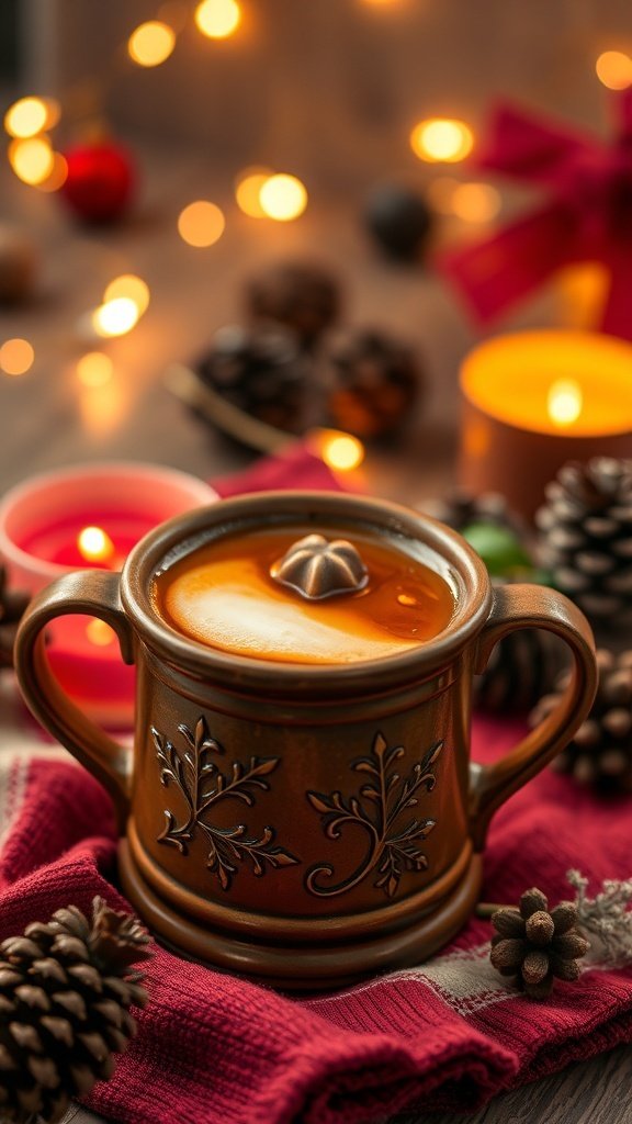 A warm cup of Hot Buttered Rum surrounded by festive decorations.