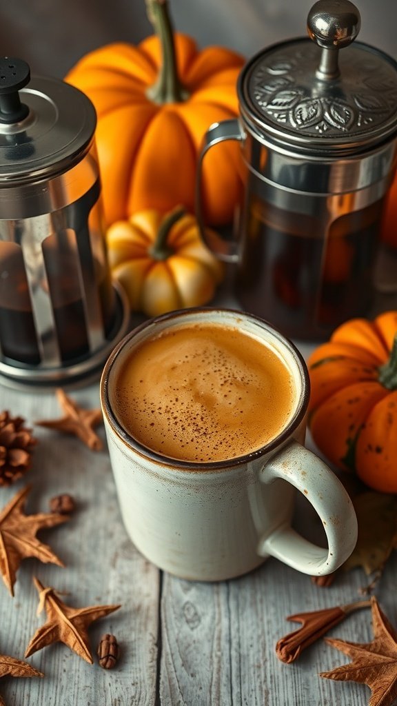 A cozy fall drink with pumpkins and spices