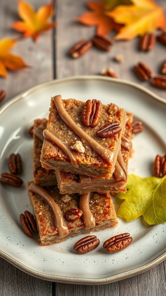 Healthy maple pecan treats on a plate with pecans and leaves