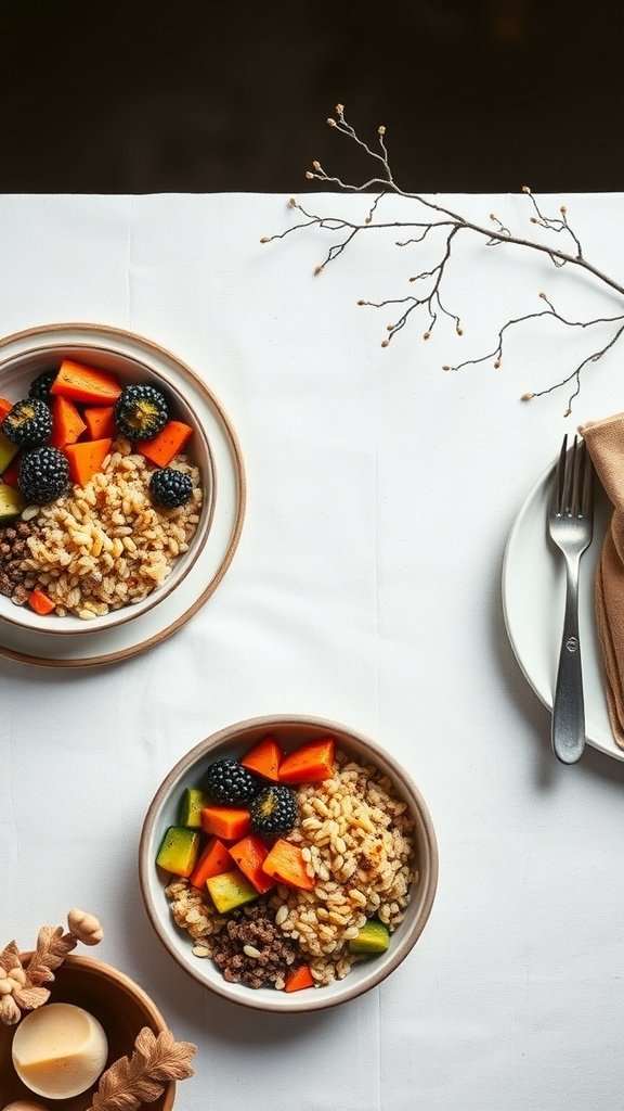Two bowls of gluten-free lunch with rice, vegetables, and berries on a table.