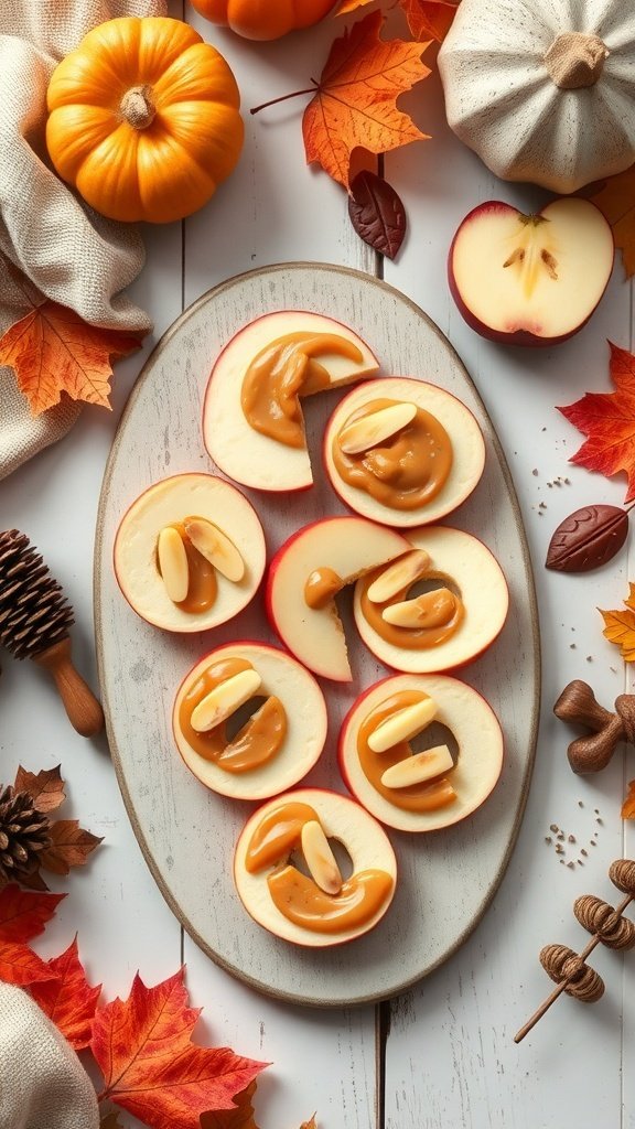 Healthy fall dessert with apple slices and almond butter