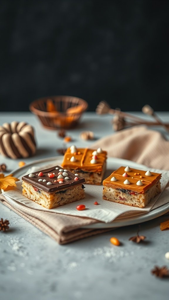 Cute fall dessert bars with colorful toppings on a plate