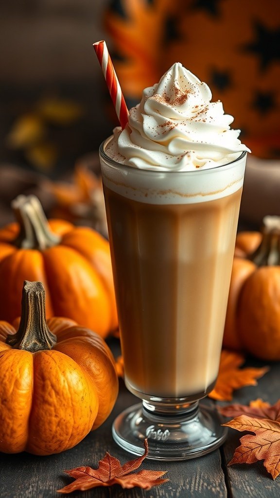 Iced pumpkin spice latte with whipped cream and a straw, surrounded by pumpkins and autumn leaves.