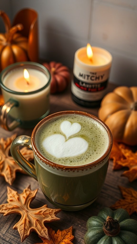 A cozy matcha green tea latte with heart-shaped foam, surrounded by autumn decorations.