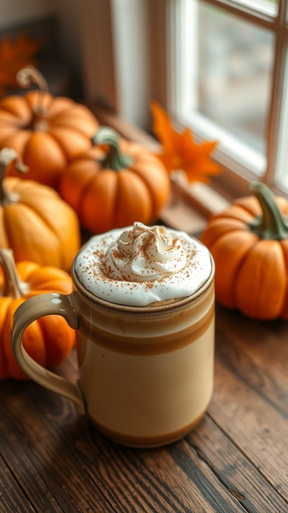 A warm pumpkin spice latte topped with whipped cream and cinnamon, surrounded by small pumpkins.