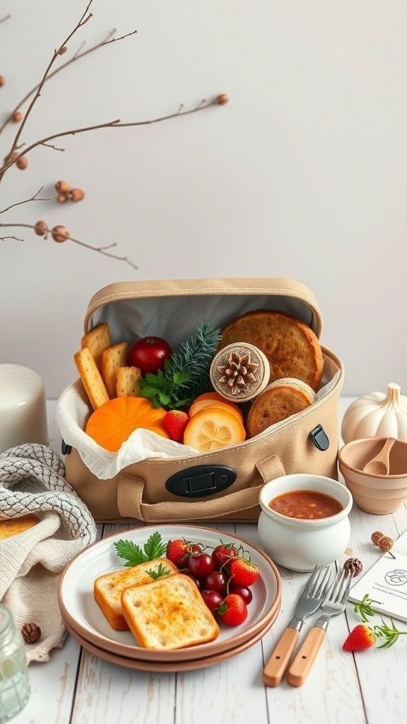A cozy lunch bag filled with autumn-themed food items including bread, fruits, and soup.