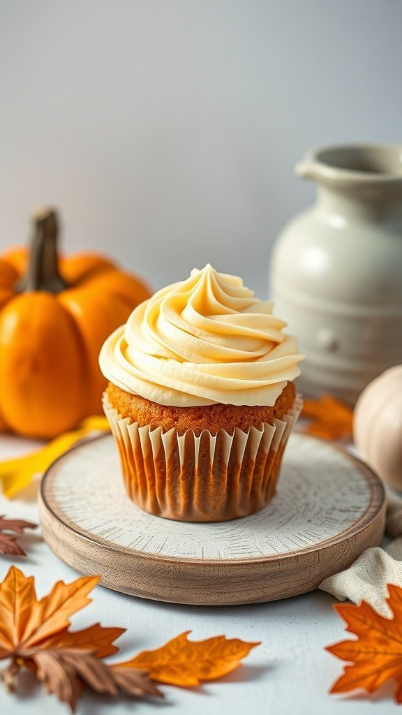 A delicious vegan cupcake with frosting, surrounded by autumn leaves and pumpkins.