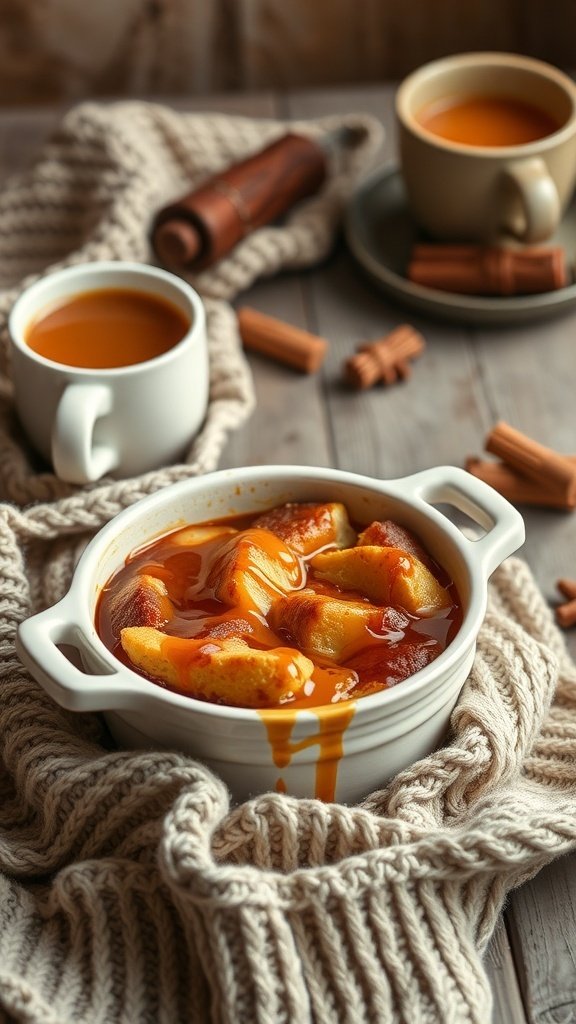 A cozy bowl of caramel apple crisp with cups of tea and cinnamon sticks.