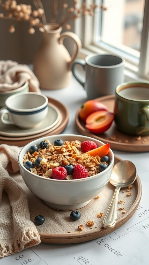 A bowl of healthy granola topped with berries and apple slices, served with coffee and tea.