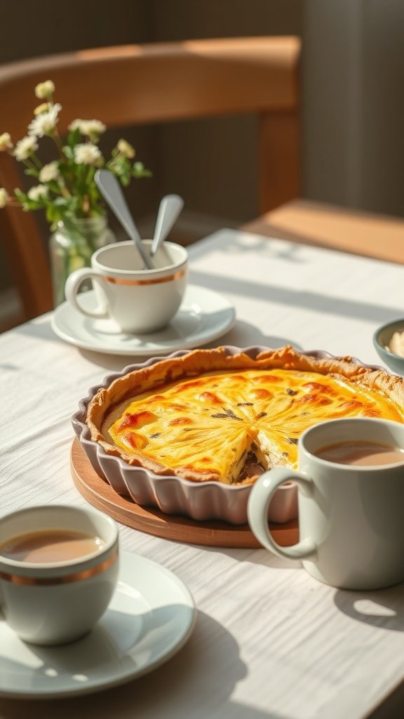 A delicious crustless quiche served with coffee and flowers on a table.