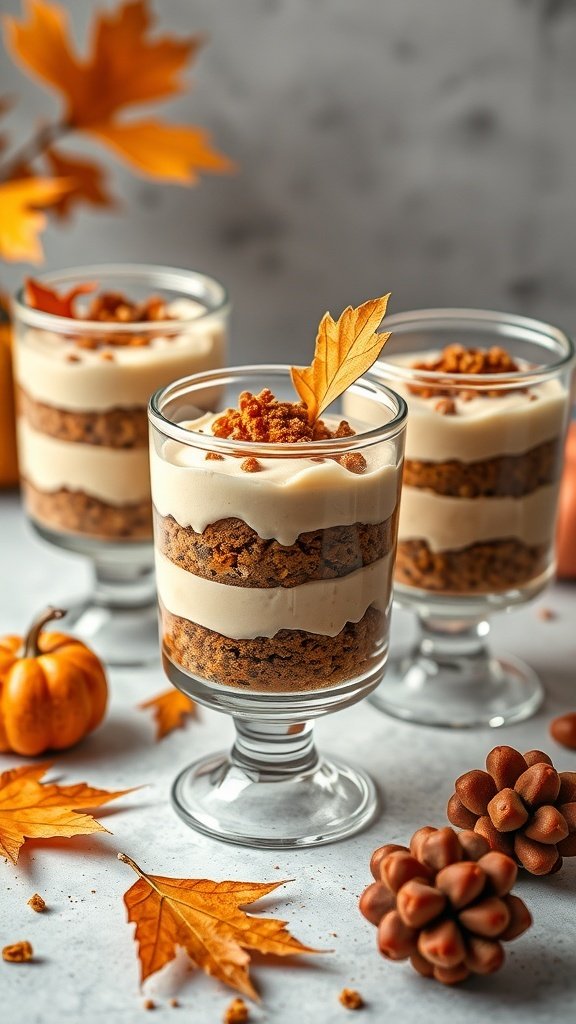 Delicious fall dessert trifles with layers of pumpkin and cream, garnished with autumn leaves.