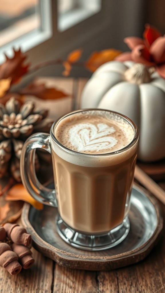 A creamy latte in a glass mug, surrounded by autumn leaves and a pumpkin.
