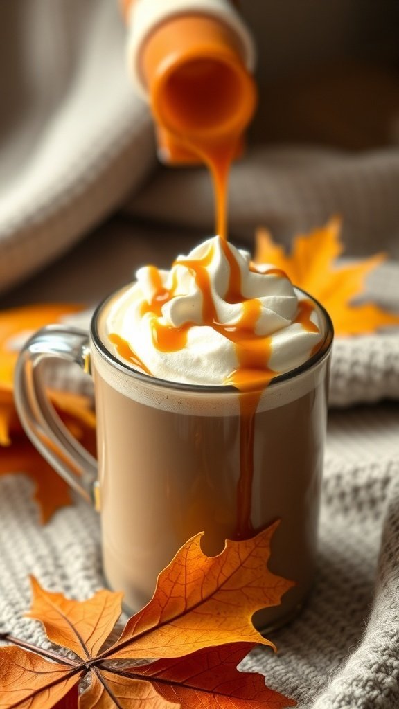 A cozy mug of maple sweet fall drink topped with whipped cream and syrup, surrounded by autumn leaves.