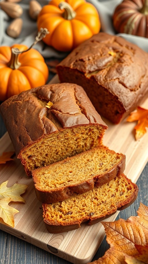 Delicious gluten-free pumpkin bread with autumn decorations