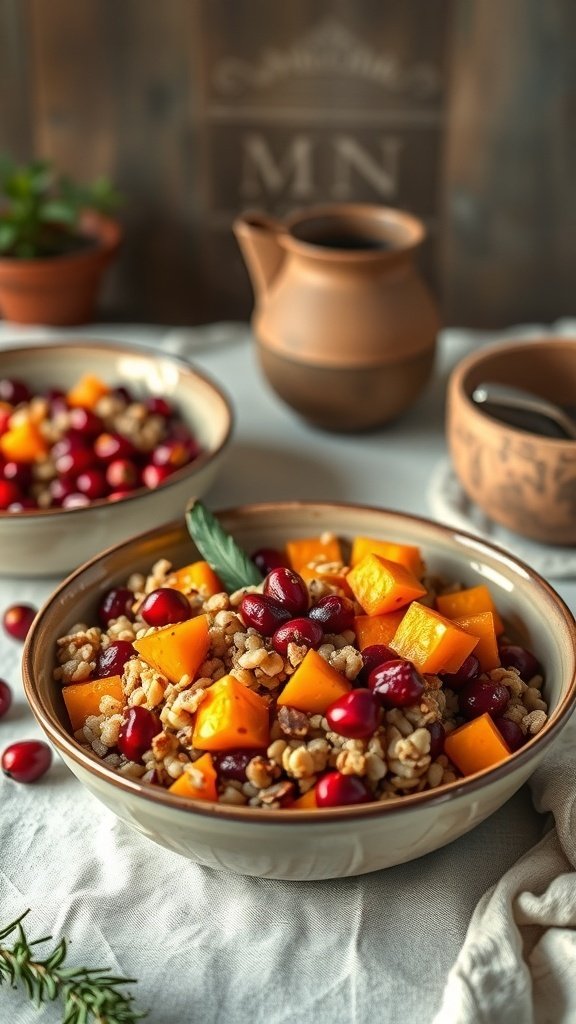 A bowl of roasted squash, cranberries, and barley, showcasing a healthy autumn meal.