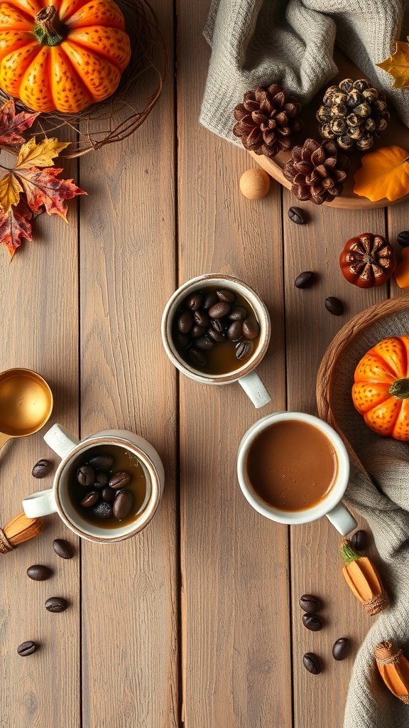 Cozy coffee mugs with coffee beans and autumn decorations on a wooden table.