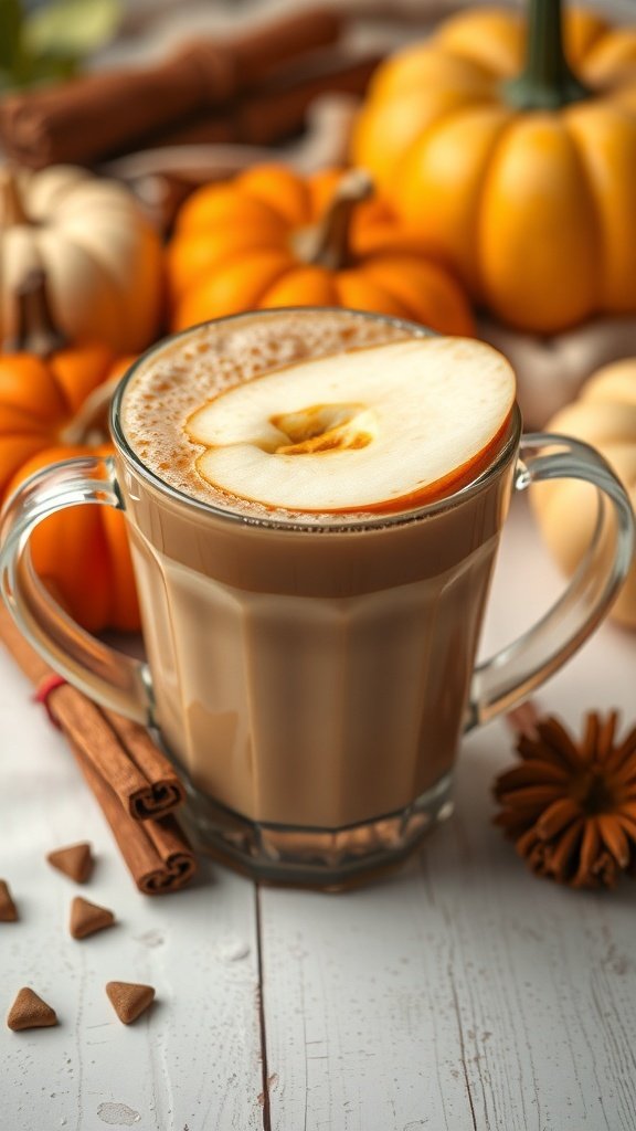 A warm apple cinnamon latte topped with a slice of apple, surrounded by pumpkins and cinnamon sticks.