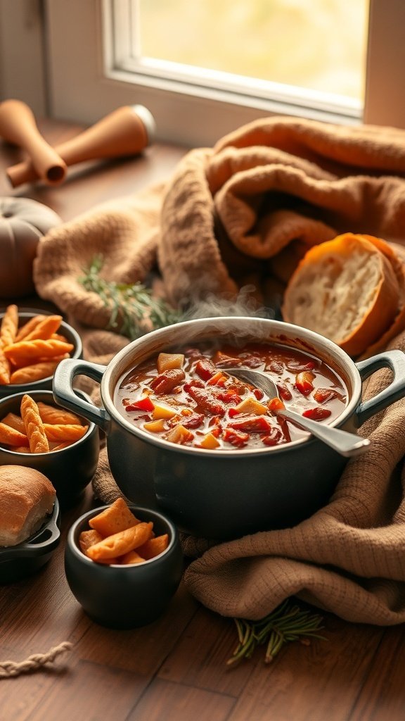 A cozy autumn dinner featuring a pot of hearty vegetable stew with bread and snacks.