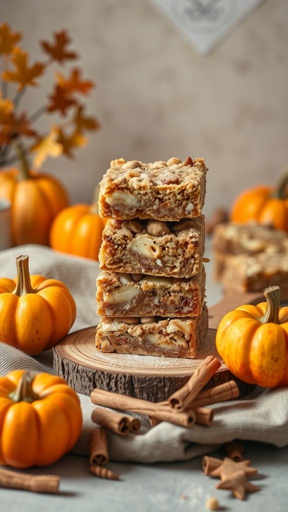 Pumpkin and apple dessert bars stacked on a wooden board surrounded by pumpkins and cinnamon sticks.