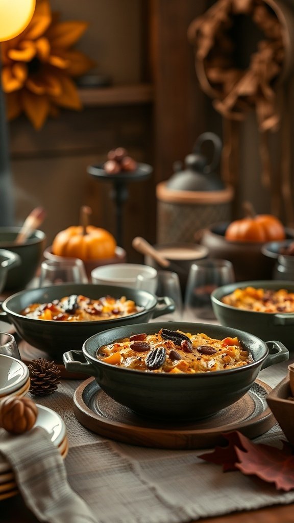 A cozy autumn dinner setting with bowls of hearty food and seasonal decorations.