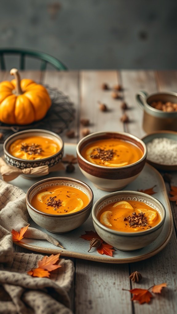 Bowls of chai spiced soup garnished with nuts and spices, surrounded by autumn leaves and a small pumpkin.