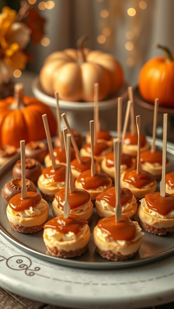 Mini cheesecakes with caramel topping on a platter, surrounded by pumpkins.