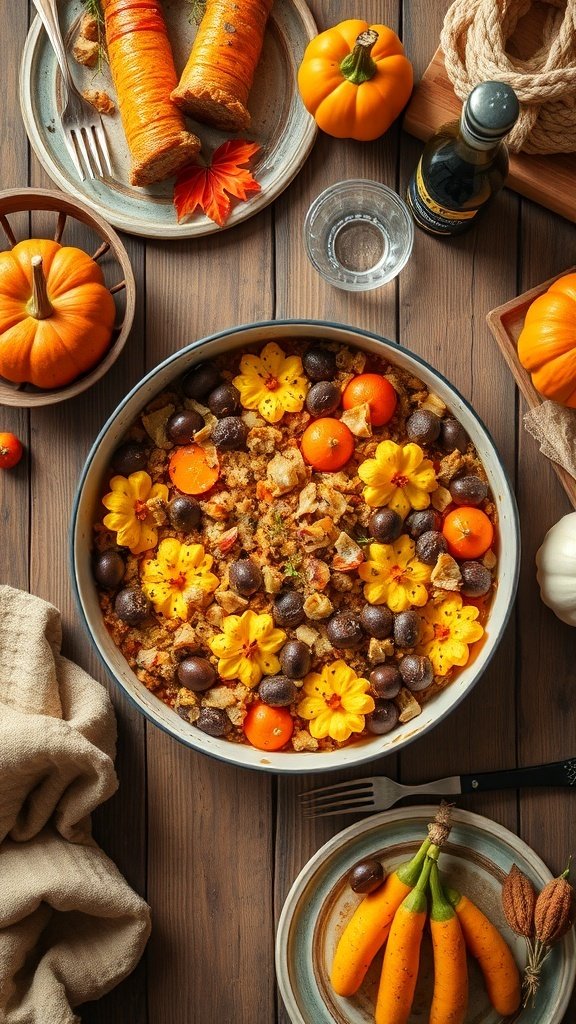 A beautifully arranged breakfast casserole with autumn decorations.