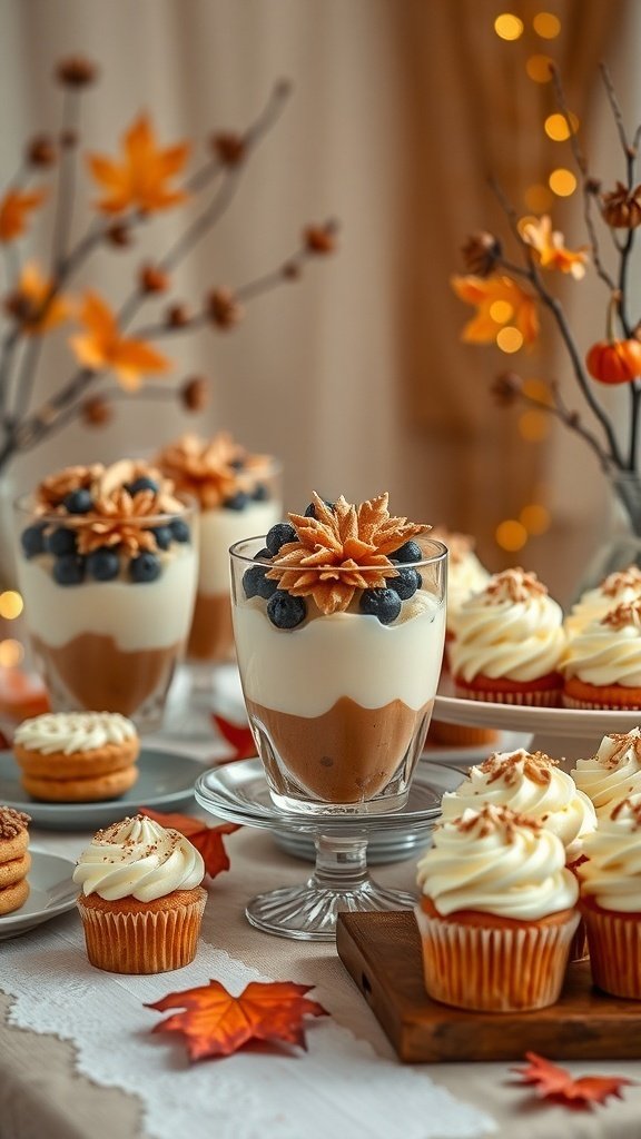 A beautifully arranged table with fall-themed desserts including cupcakes and parfaits.