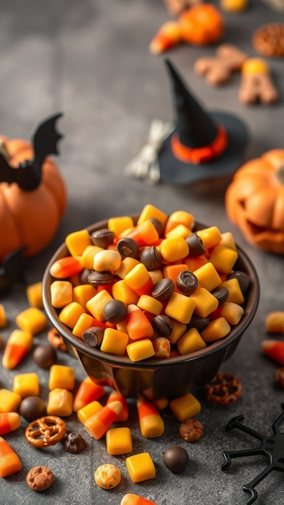 A bowl of colorful candy corn mix with pretzels and chocolate bits, surrounded by Halloween decorations.