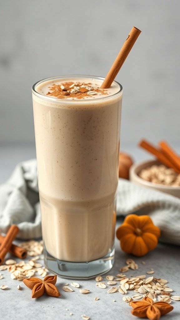 A creamy cinnamon oat milk smoothie in a glass, garnished with a cinnamon stick and oats.