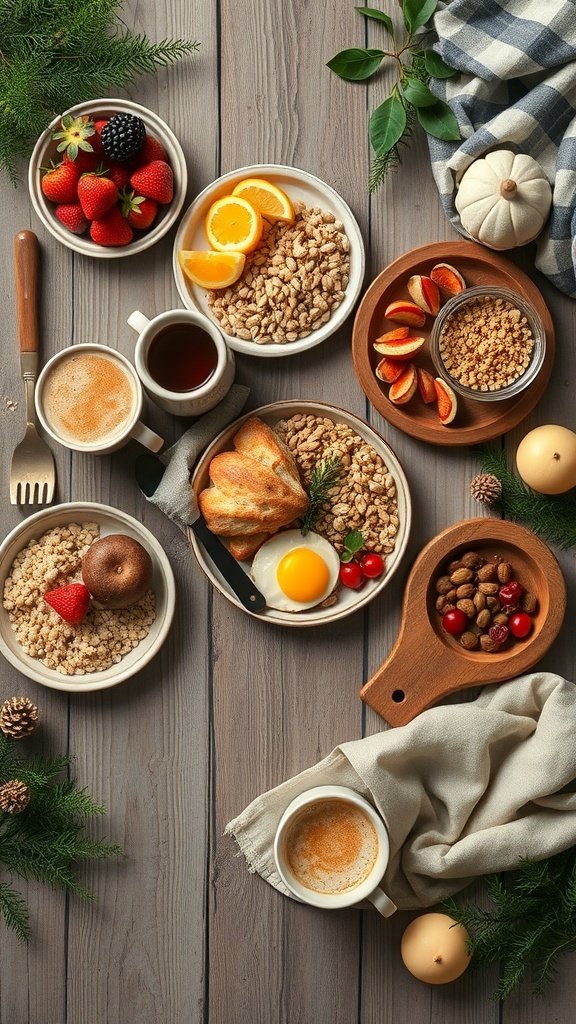 A beautifully arranged healthy brunch spread featuring oatmeal, fruits, and coffee.