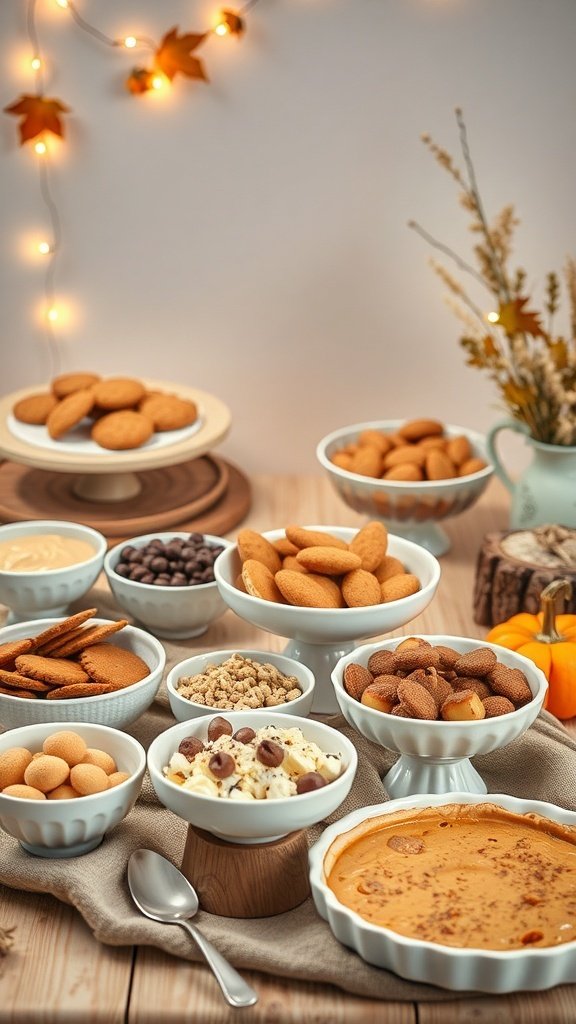 A beautifully arranged dessert bar featuring various fall party desserts.