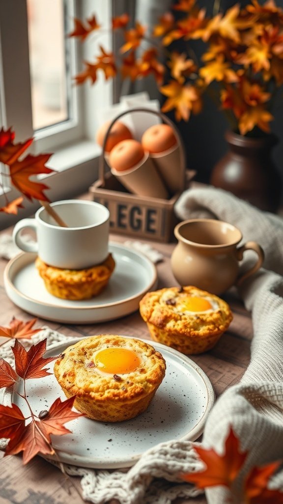 Egg muffin cups served with coffee and autumn leaves