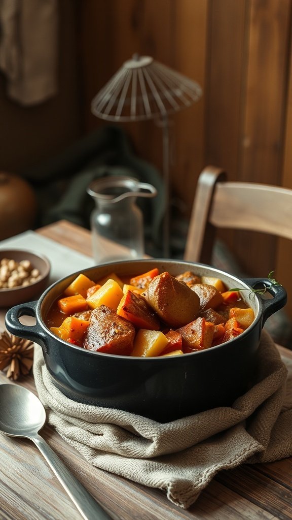A pot of hearty vegetable stew on a wooden table, surrounded by cozy decor.